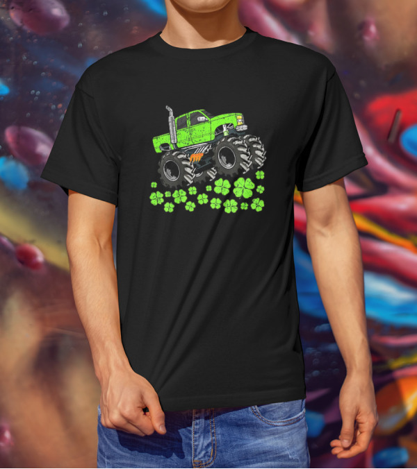 Kids Boys St Patricks Day Toddler Lucky Green Monster Truck With Shamrocks T-Shirt