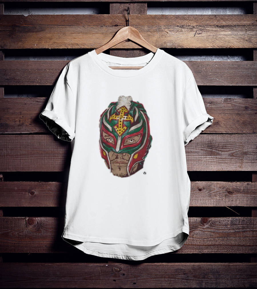 Men's Black Rey Mysterio Mask Face With Colorful Wrestling Headdress And Cross T-Shirt