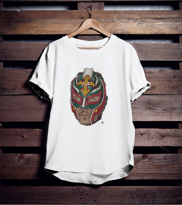Men's Black Rey Mysterio Mask Face With Colorful Wrestling Headdress And Cross T-Shirt