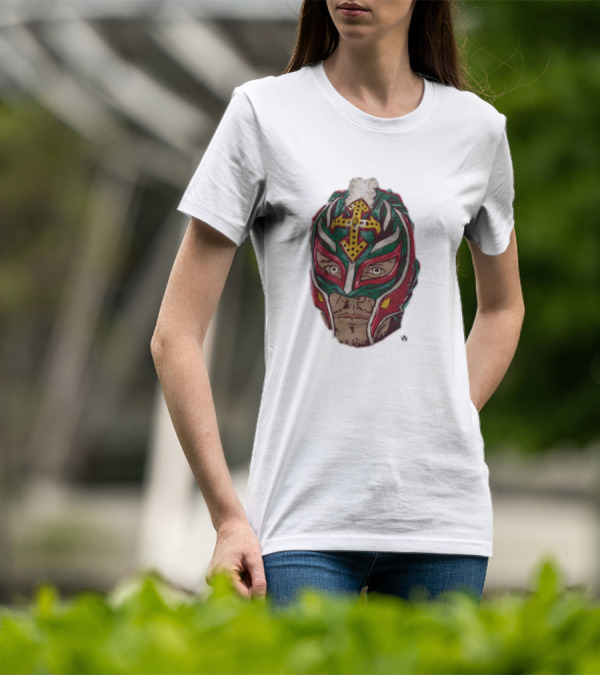 Men's Black Rey Mysterio Mask Face With Colorful Wrestling Headdress And Cross T-Shirt
