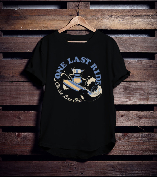 Surfing Adventure With Blue Masked Figure And Iconic Board 'One Last Ride On The Low Tide' T-Shirt