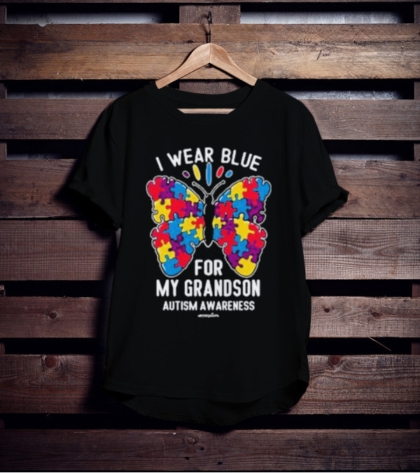 I Wear Blue Butterfly Puzzle My Grandson Autism Awareness T-Shirt