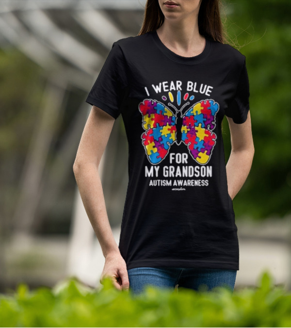 I Wear Blue Butterfly Puzzle My Grandson Autism Awareness T-Shirt