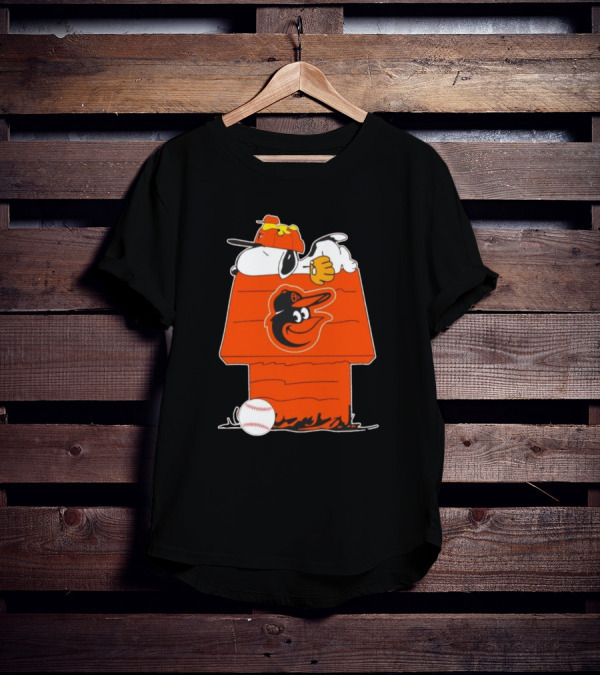 Snoopy And Woodstock Sleeping On Baltimore Orioles Themed Doghouse With Baseball T-Shirt