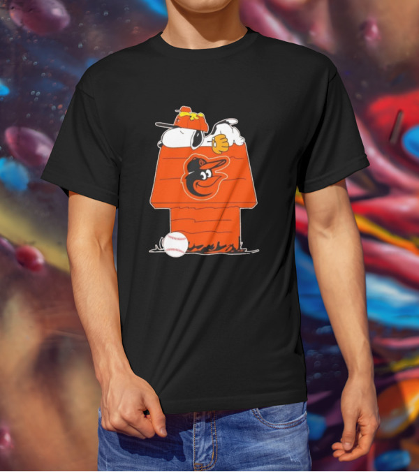 Snoopy And Woodstock Sleeping On Baltimore Orioles Themed Doghouse With Baseball T-Shirt