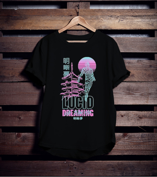 Lucid Dreaming Tokyo Japan Neon Pagoda And Wireframe Figure T-Shirt