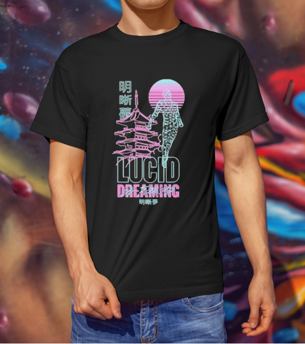 Lucid Dreaming Tokyo Japan Neon Pagoda And Wireframe Figure T-Shirt