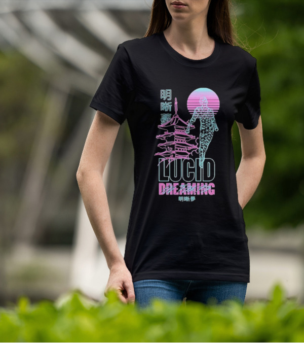 Lucid Dreaming Tokyo Japan Neon Pagoda And Wireframe Figure T-Shirt