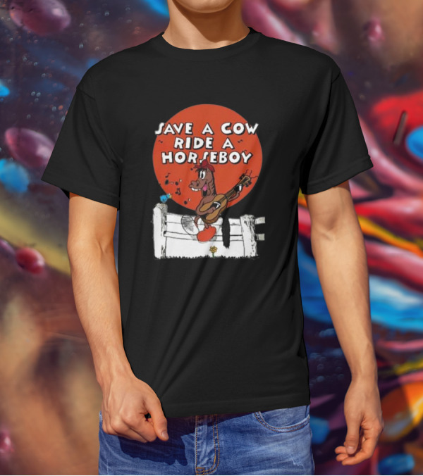 Save A Cow Ride A Horseboy Cartoon Horse Playing Guitar T-Shirt
