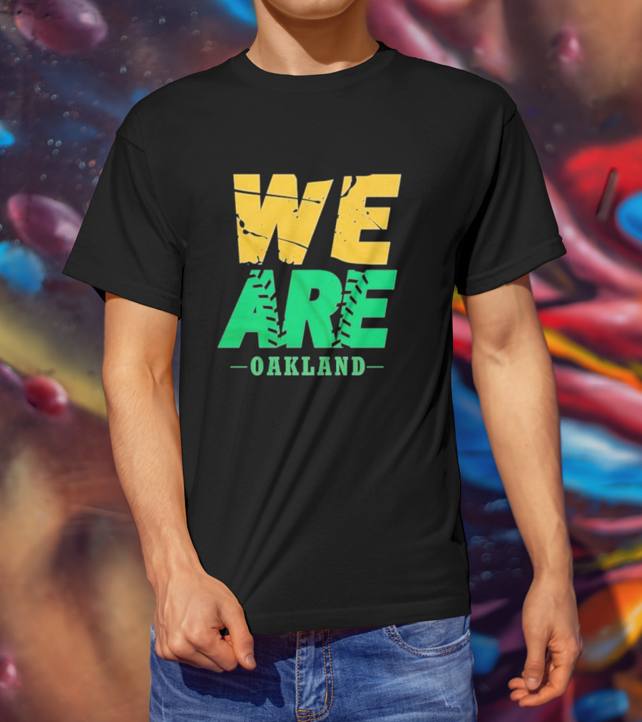 WE ARE OAKLAND Yellow Green Text Baseball Seam T-Shirt