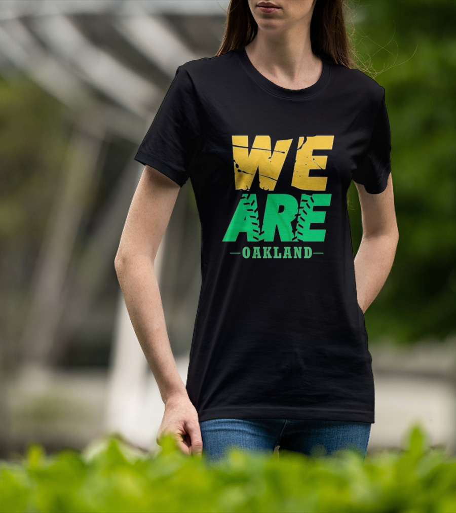WE ARE OAKLAND Yellow Green Text Baseball Seam T-Shirt