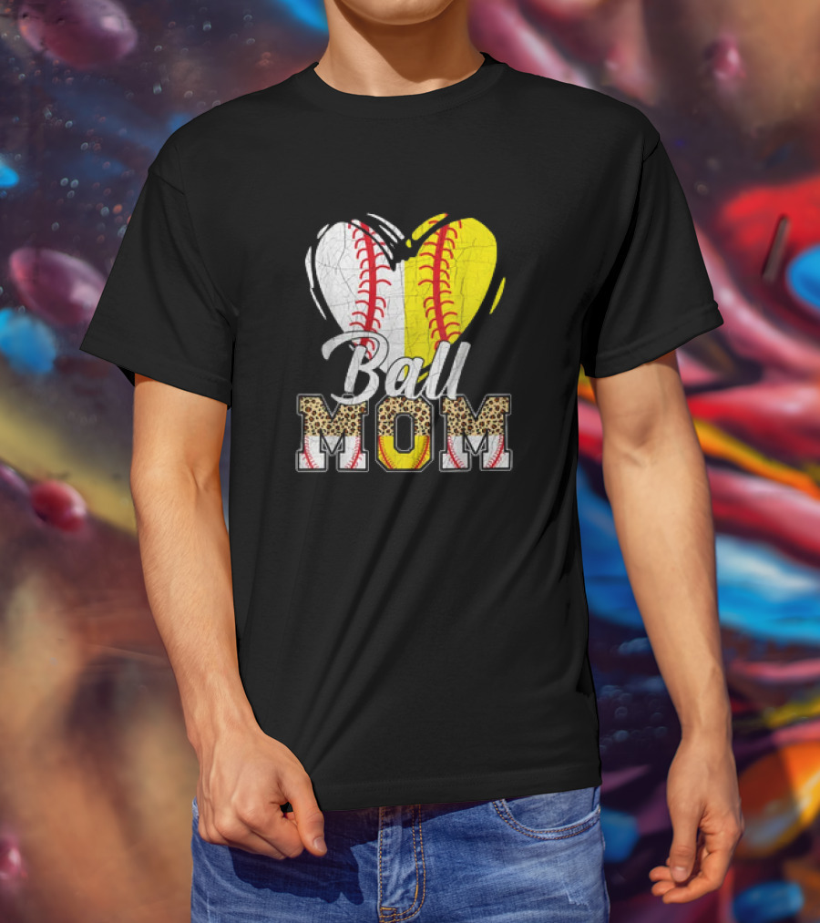 Ball Mom Heart Leopard Baseball Softball Vintage Women T-Shirt