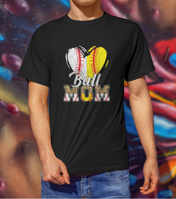 Ball Mom Heart Leopard Baseball Softball Vintage Women T-Shirt