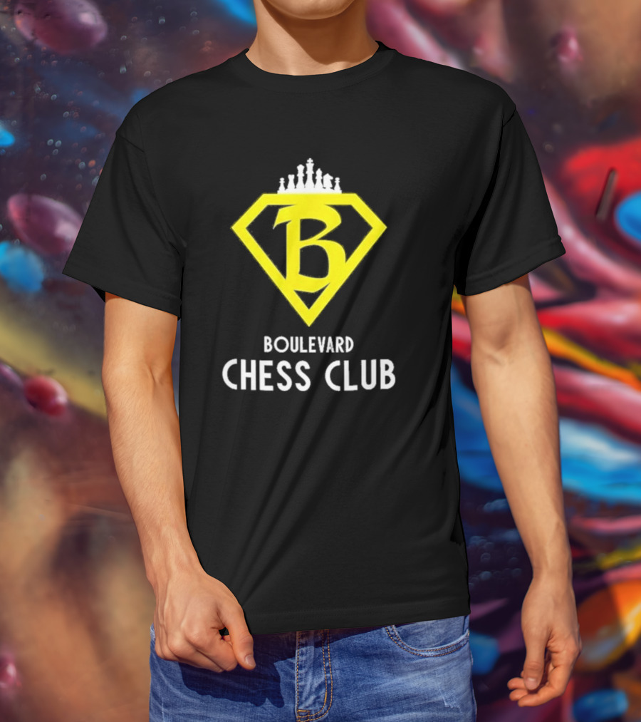 Boulevard Chess Club Logo With Yellow Diamond And Chess Pieces T-Shirt