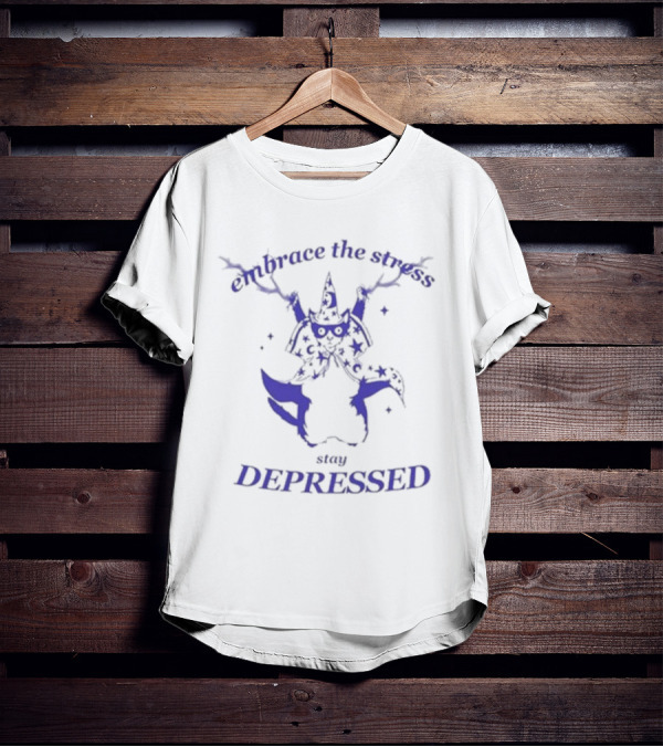 Embrace The Stress Stay Depressed Wizard Cat Stars Cloaked In Night T-Shirt