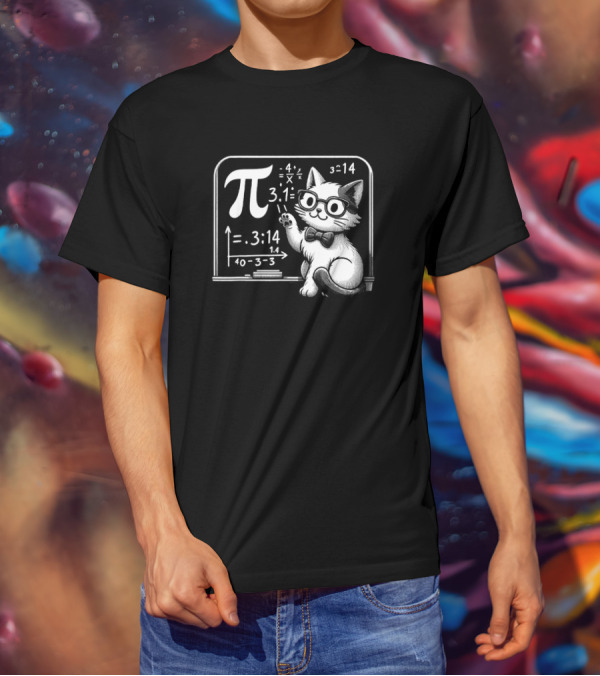 Pi 3.14 Cat With Glasses And Chalkboard Equations T-Shirt