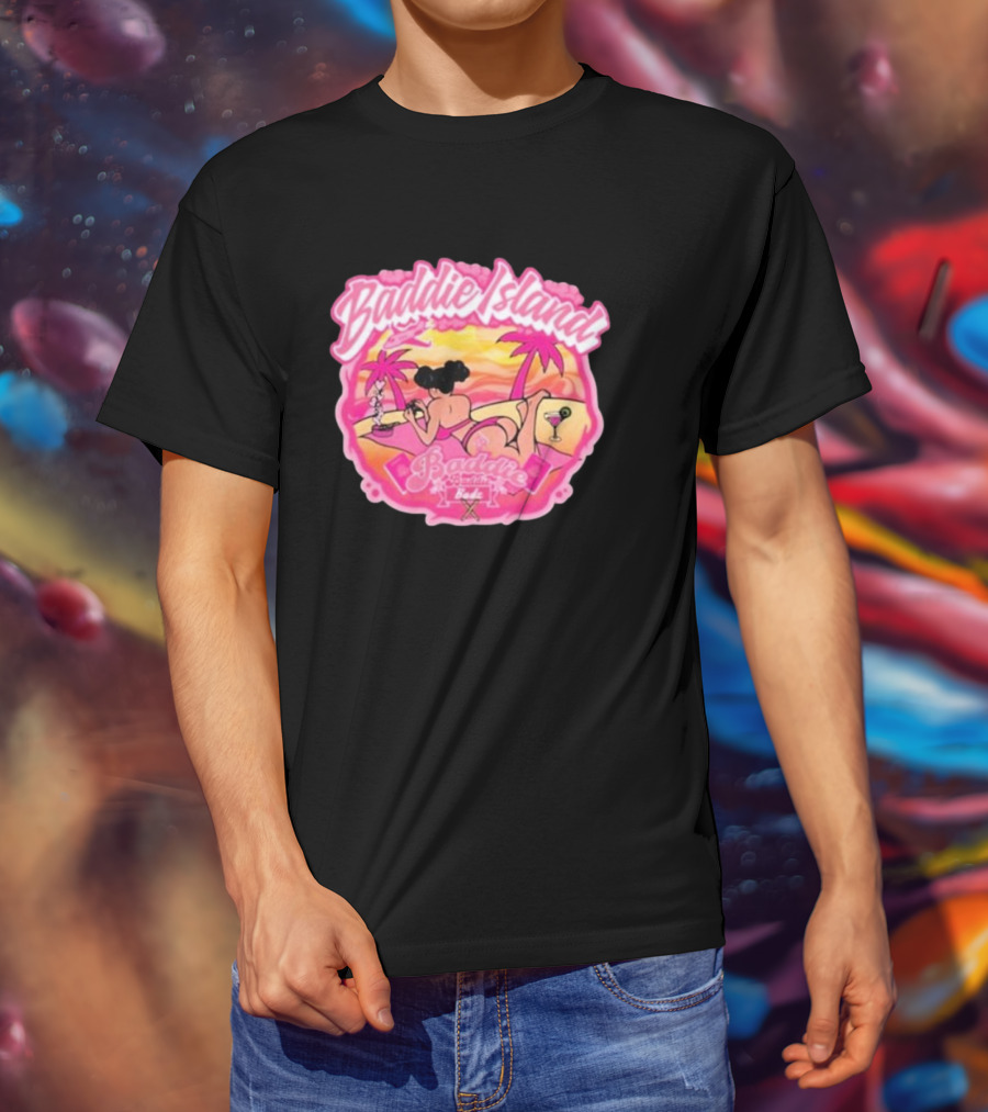 Baddie Island Summer Scene With Palm Trees And Cocktail Imagery - Baddie Budz Vibe T-Shirt
