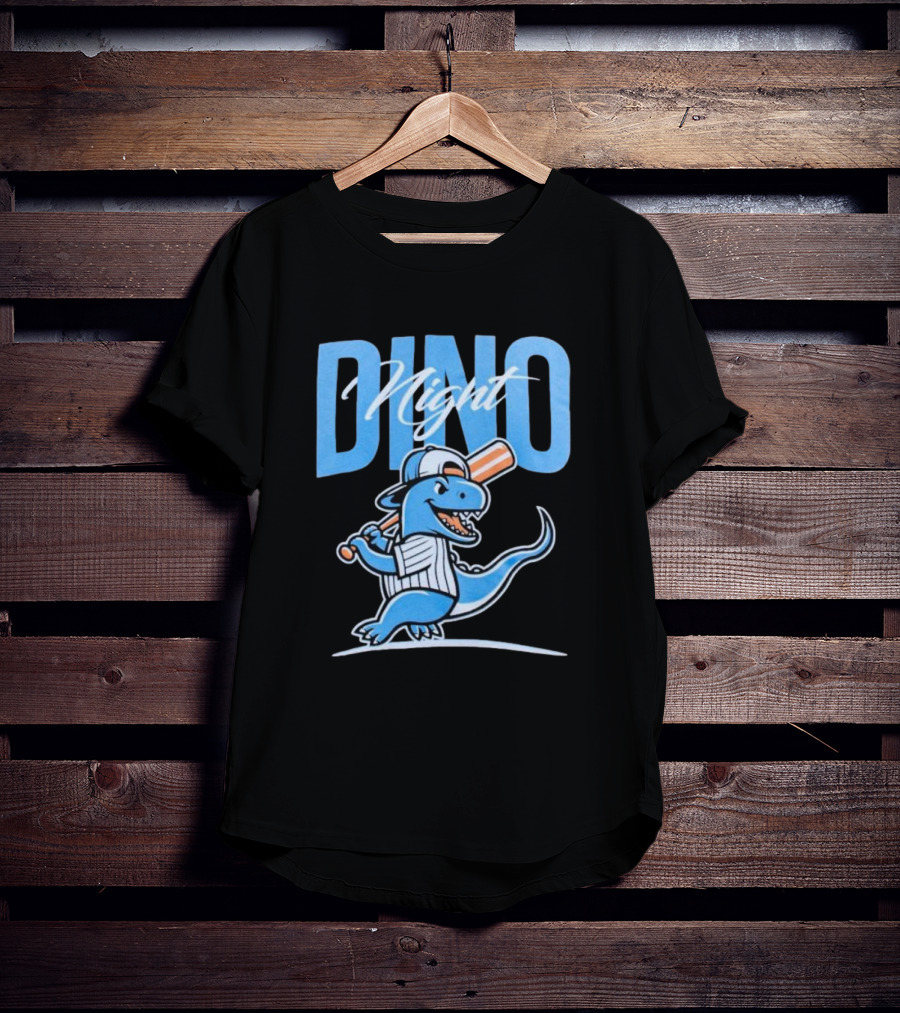 Dino Night Baseball Player Dinosaur In Cap With Bat T-Shirt