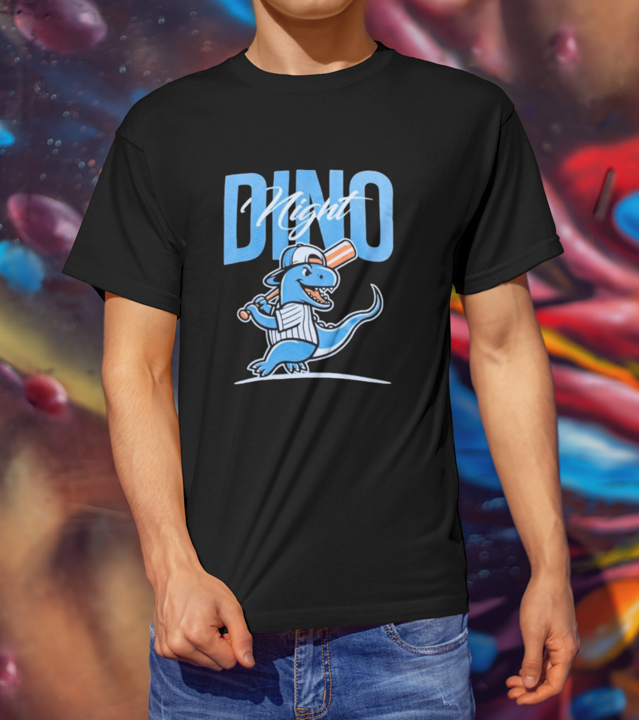 Dino Night Baseball Player Dinosaur In Cap With Bat T-Shirt