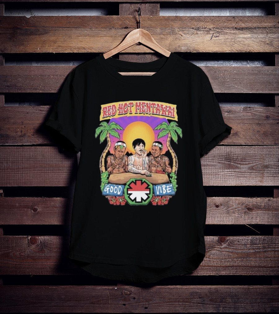 Red Hot Mentawai Good Vibe Sunset Island Scene With Palm Trees And Tattooed Trio T-Shirt