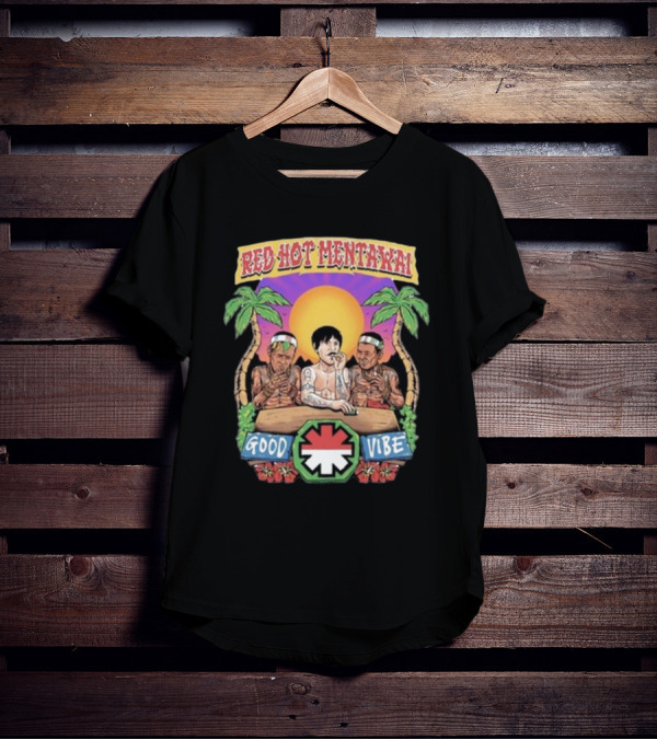 Red Hot Mentawai Good Vibe Sunset Island Scene With Palm Trees And Tattooed Trio T-Shirt