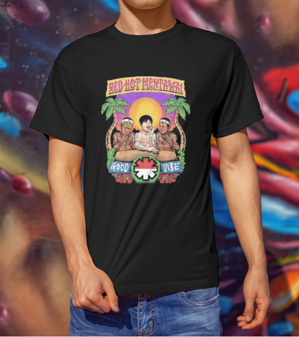 Red Hot Mentawai Good Vibe Sunset Island Scene With Palm Trees And Tattooed Trio T-Shirt