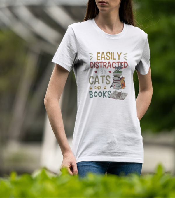 Easily Distracted By Cats And Books Stack Cats 365 Book Lover T-Shirt