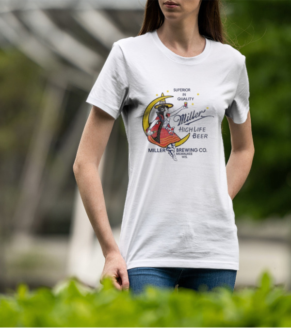 Superior Quality Miller High Life Beer Moon Lady Milwaukee Brewing Co T-Shirt