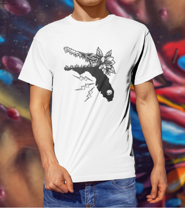 Florida Will Eat You - Alligator Skull Lightning Magnolia Map T-Shirt