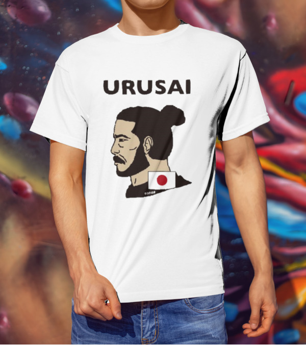 URUSAI Hiragana Ninja Japan Samurai Man Bun Profile With Flag T-Shirt