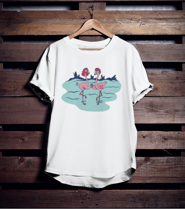 Flamingo Amigos In Blue Water Scene T-Shirt