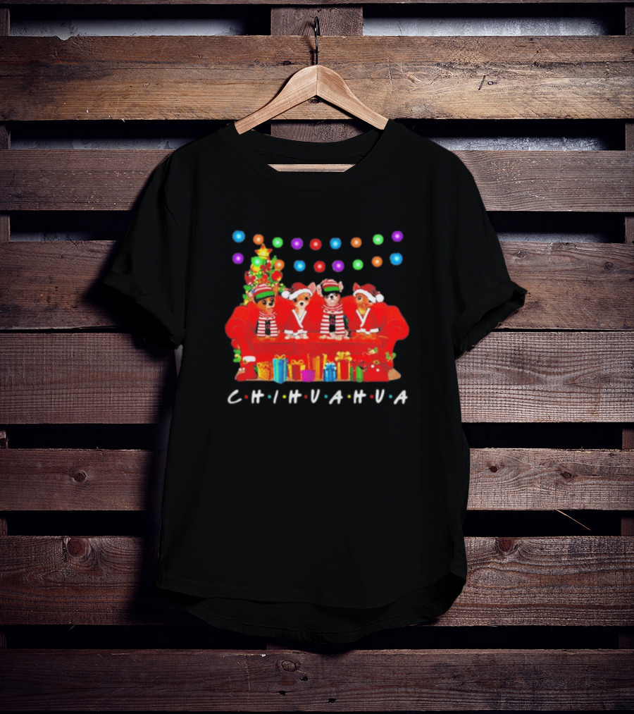 Merry Christmas Chihuahua Friends On Festive Couch With Colorful Lights And Presents T-Shirt