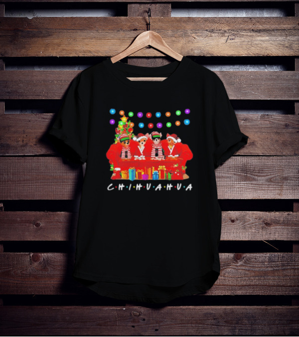 Merry Christmas Chihuahua Friends On Festive Couch With Colorful Lights And Presents T-Shirt