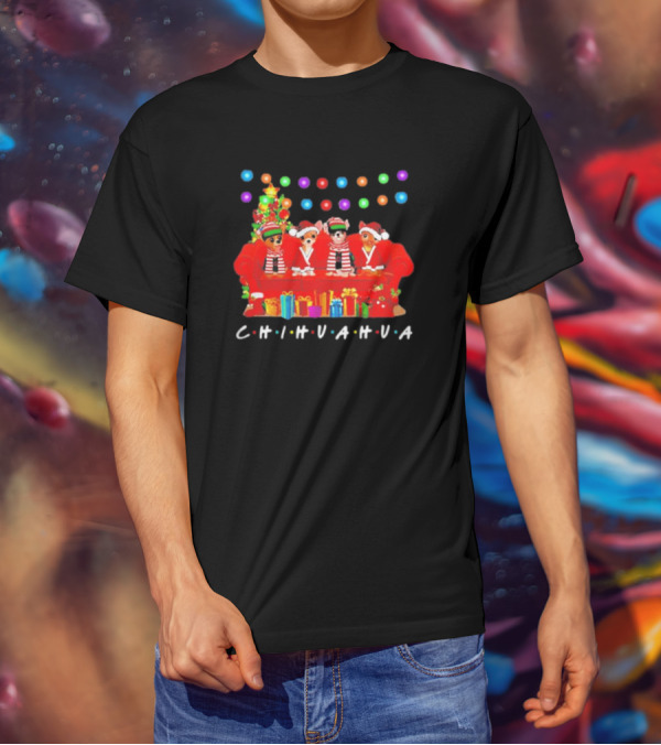 Merry Christmas Chihuahua Friends On Festive Couch With Colorful Lights And Presents T-Shirt