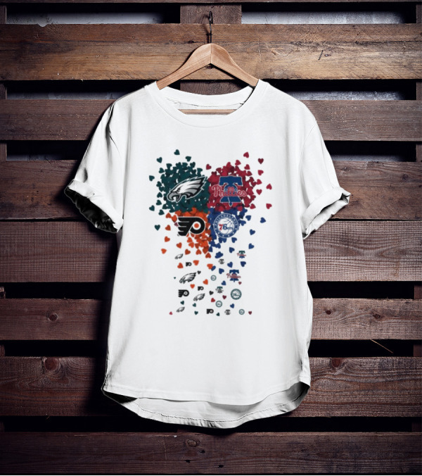 Philadelphia Eagles Phillies Flyers 76ers Logos And Hearts T-Shirt