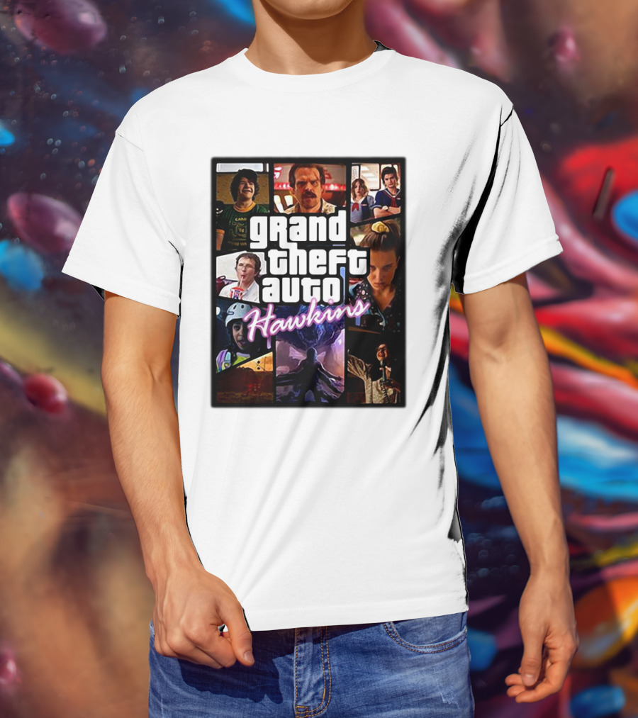 Stranger Things 3 Grand Theft Auto Hawkins Vintage Style Collage T-Shirt