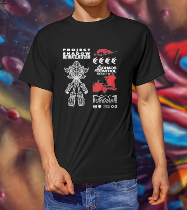 Project Shadow Ultimate Lifeform Chaos Control Japanese Text Wireframe Character Red Elements T-Shirt