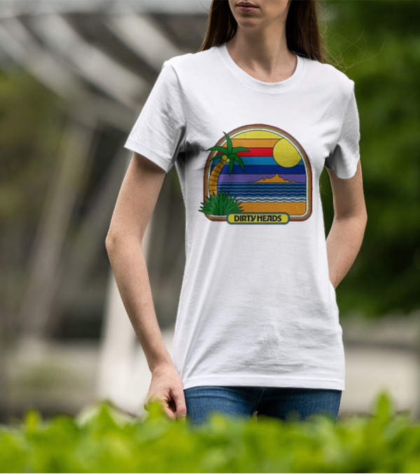 Dirty Heads Retro Beach Sunset Palms Ocean Scene T-Shirt