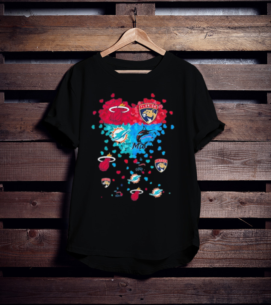 Miami Dolphins Miami Heat Florida Panthers Mashup Hearts T-Shirt