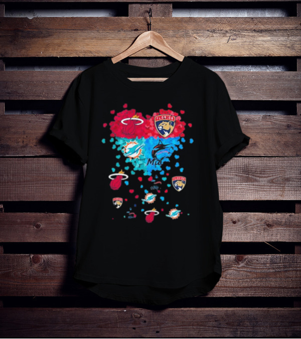 Miami Dolphins Miami Heat Florida Panthers Mashup Hearts T-Shirt