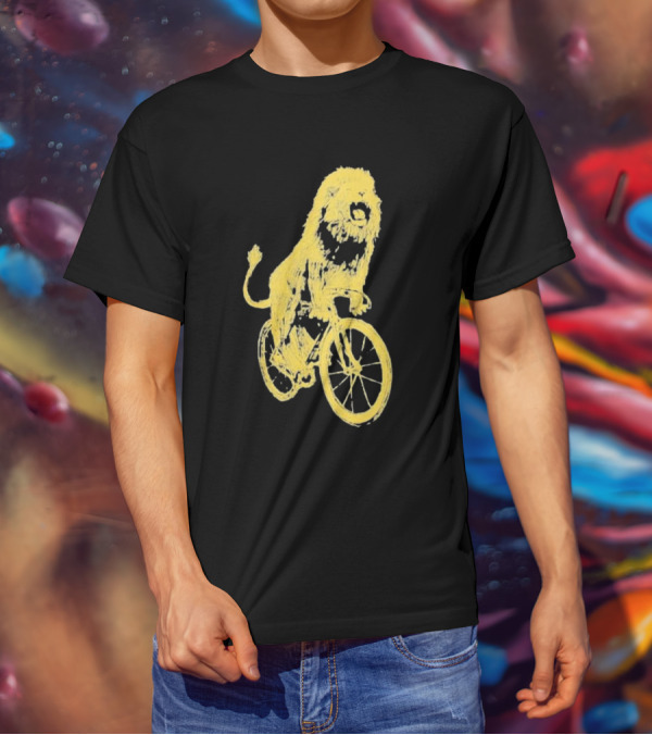 Lion Riding Bicycle Sketch Yellow T-Shirt