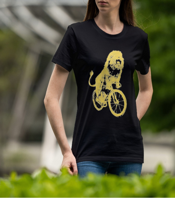 Lion Riding Bicycle Sketch Yellow T-Shirt