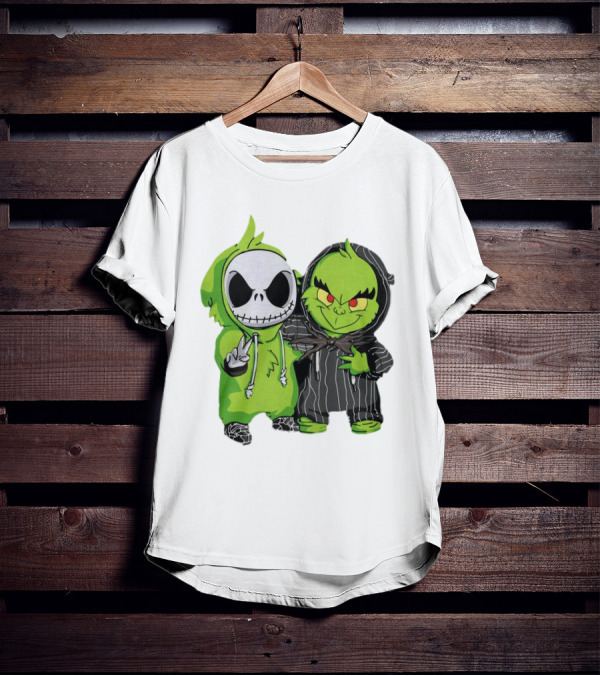 Baby Jack Skellington And Grinch In Green Hoodies T-Shirt