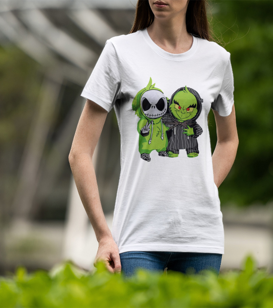 Baby Jack Skellington And Grinch In Green Hoodies T-Shirt