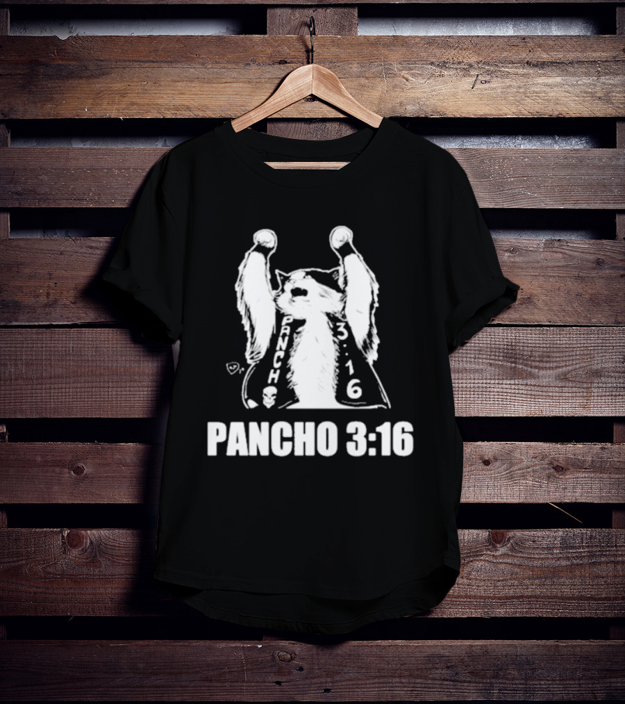 Pancho 3:16 Cat Illustration With Skull Motif And Raised Paws T-Shirt