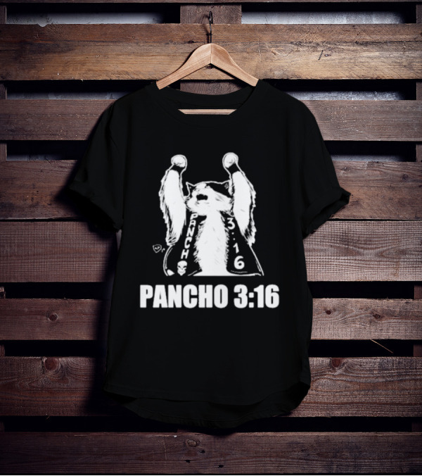 Pancho 3:16 Cat Illustration With Skull Motif And Raised Paws T-Shirt