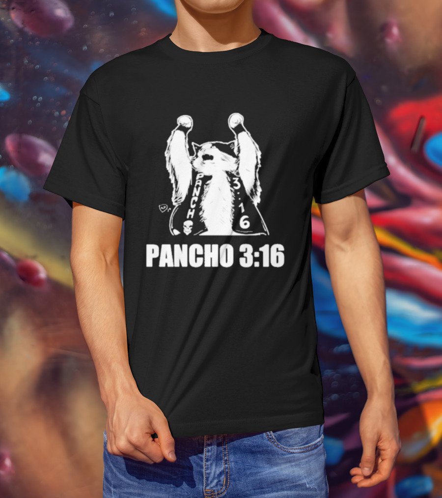 Pancho 3:16 Cat Illustration With Skull Motif And Raised Paws T-Shirt