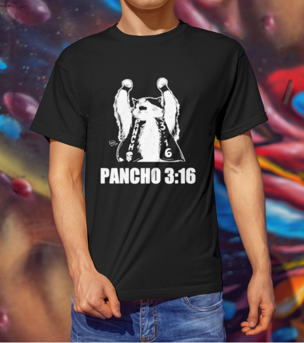 Pancho 3:16 Cat Illustration With Skull Motif And Raised Paws T-Shirt