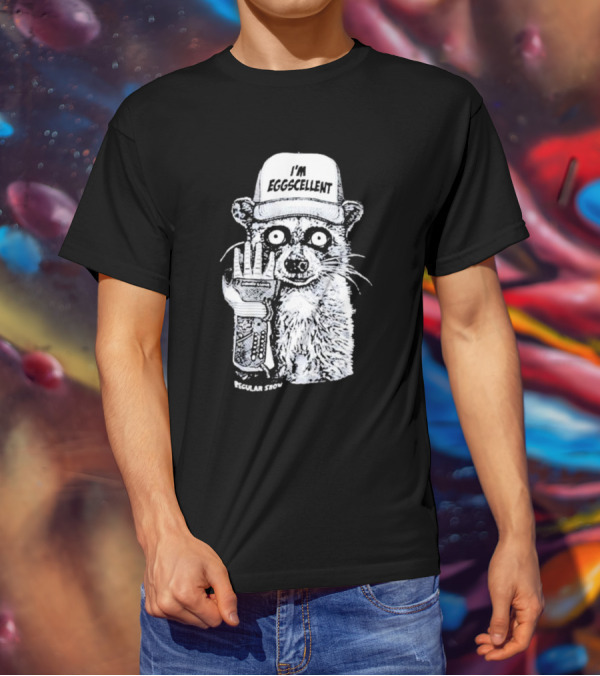 I'm Eggscellent Rigby Regular Show Raccoon Wearing Hat With Cybernetic Arm T-Shirt