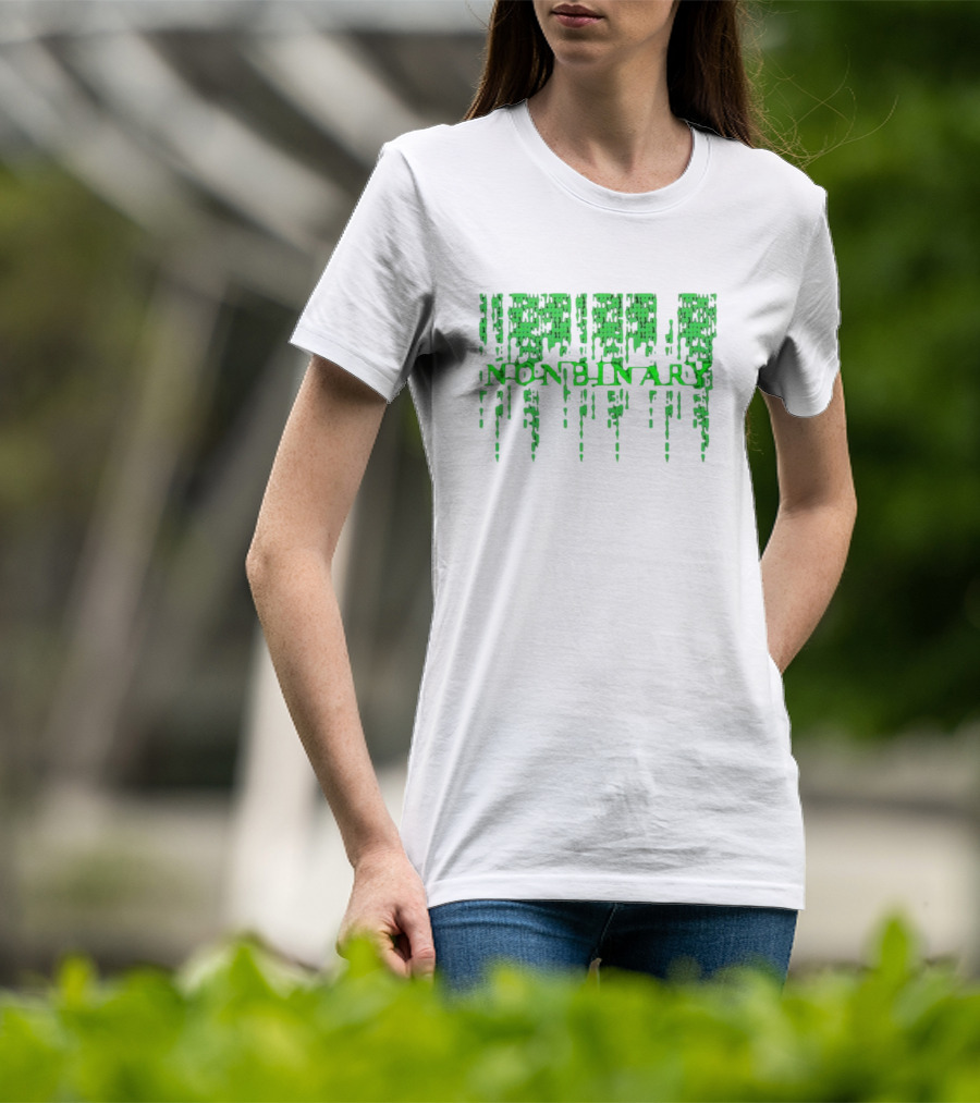 Non Binary Code Matrix-Inspired Green Text T-Shirt